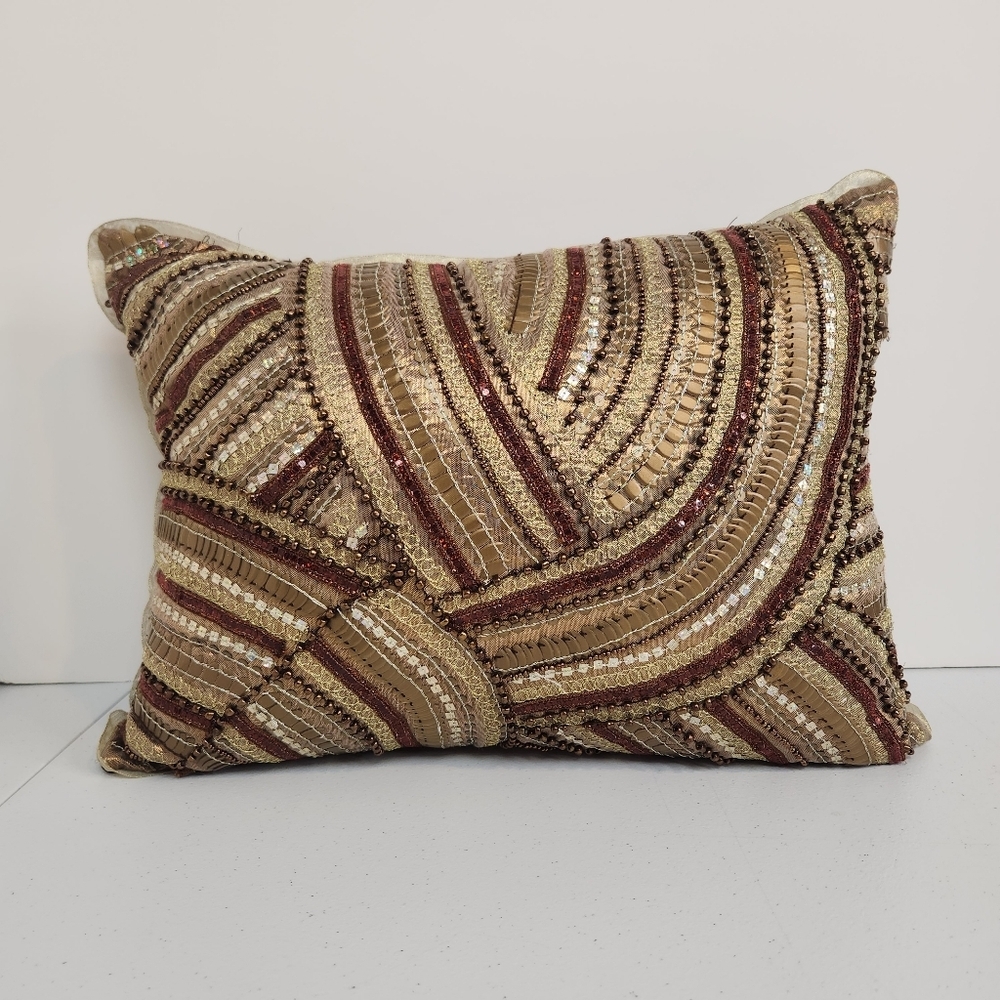 Pier 1 Brown Gold Beaded Sequin Throw Pillow Rectangle Home Decor